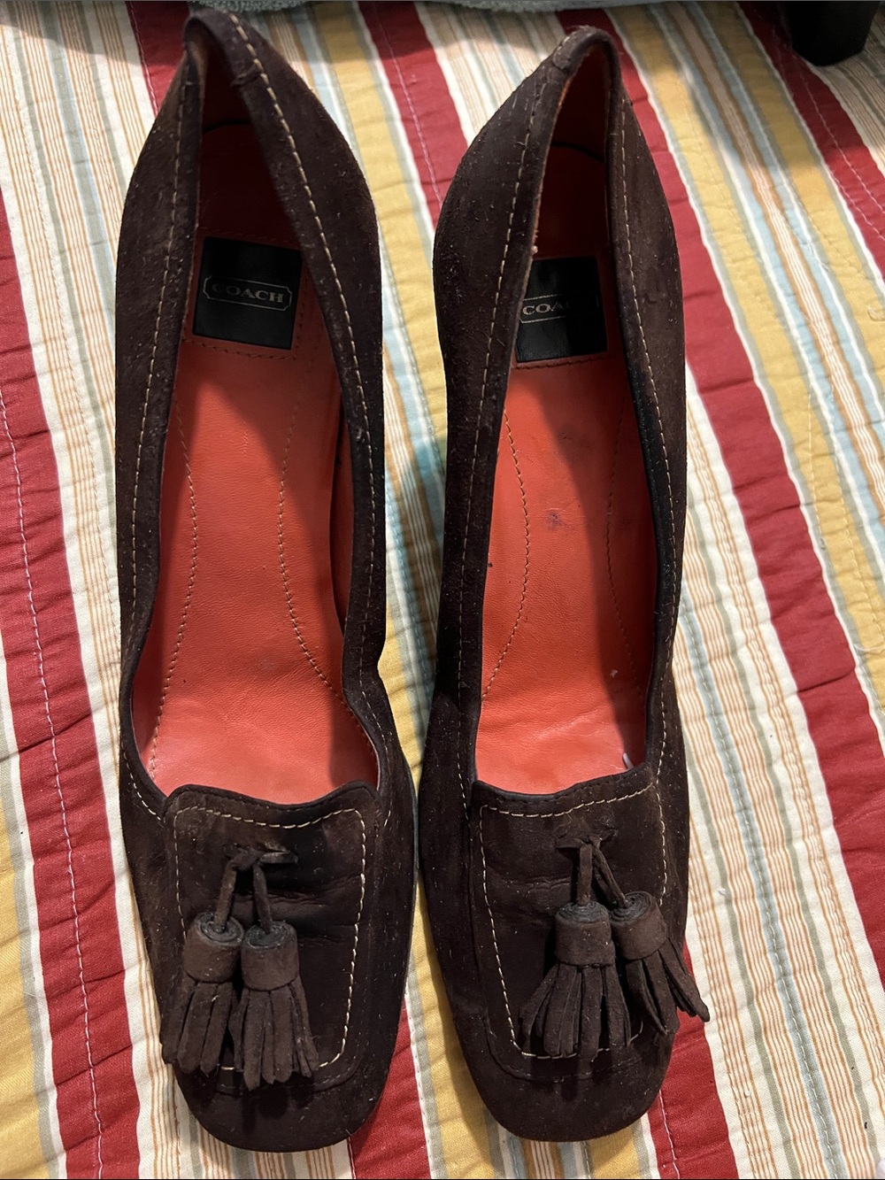 Coach Brown Suede Tassel Flats with Orange Insole Sz 9B